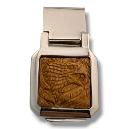 Stainless Steel Hand-Carved Wildlife Money Clip Eagle or Wolf