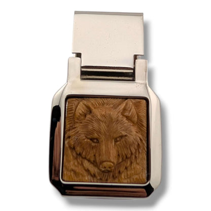 Stainless Steel Hand-Carved Wildlife Money Clip Eagle or Wolf