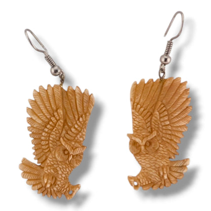 Hand-Carved Flying Owl Hook Dangle Earrings