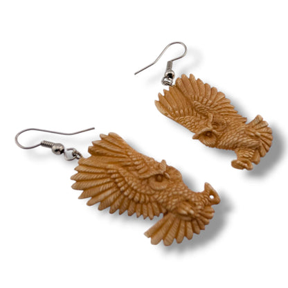 Hand-Carved Flying Owl Hook Dangle Earrings