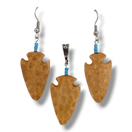Hand-Carved Arrowhead Earring and Pendant Set with Turquoise Accent