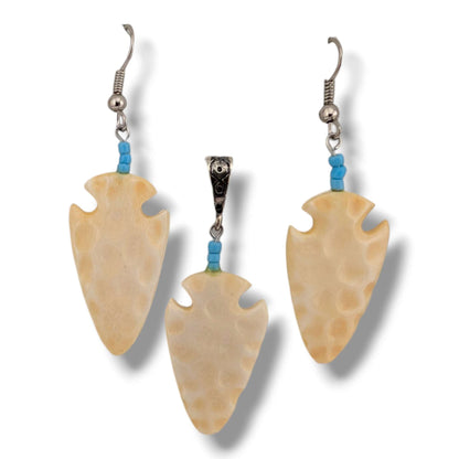 Hand-Carved Arrowhead Earring and Pendant Set with Turquoise Accent