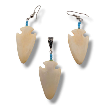 Hand-Carved Arrowhead Earring and Pendant Set with Turquoise Accent