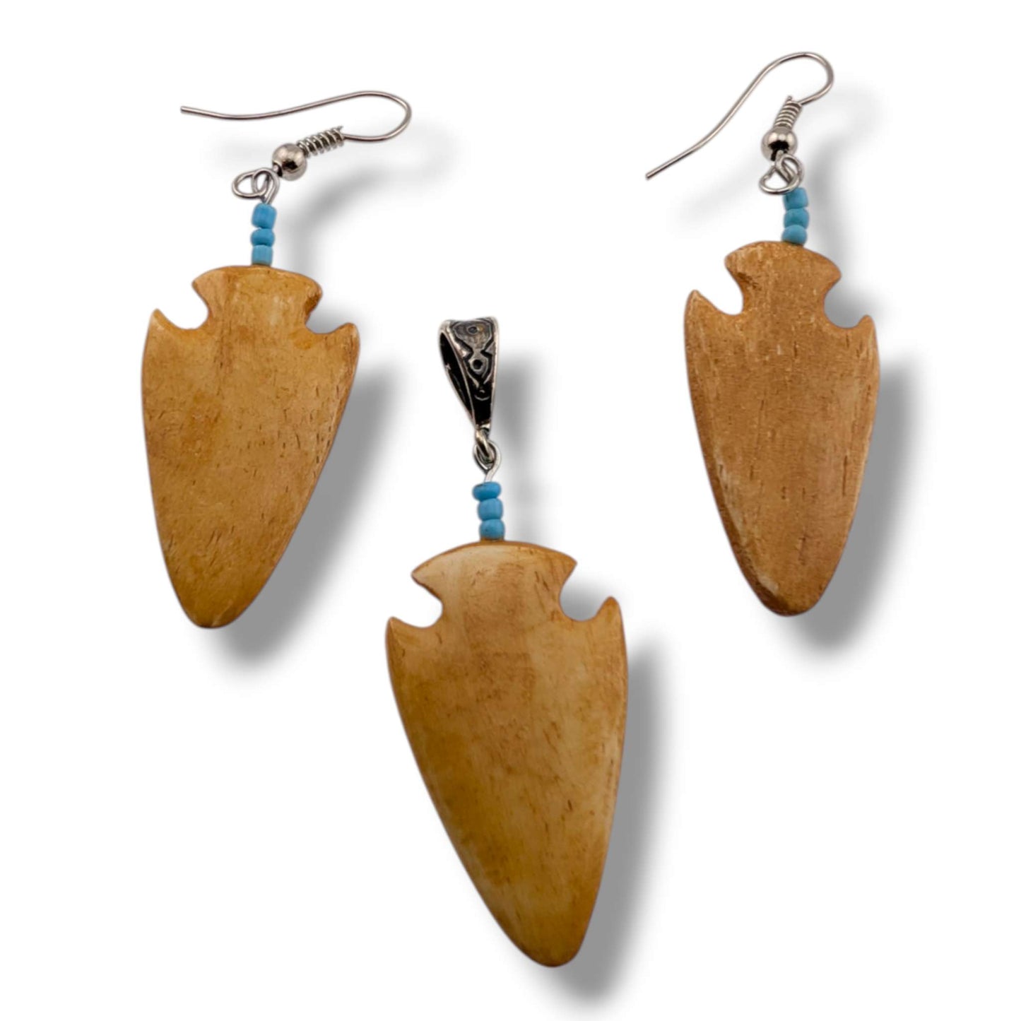 Hand-Carved Arrowhead Earring and Pendant Set with Turquoise Accent