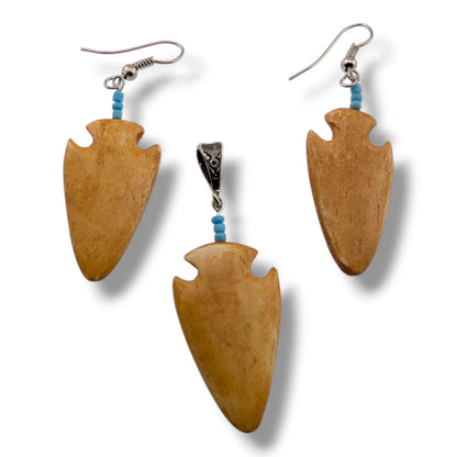 Hand-Carved Arrowhead Earring and Pendant Set with Turquoise Accent