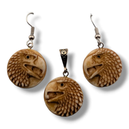 Hand-Carved Wildlife and Chief Round Medallion Earring and Pendant Set
