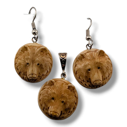 Hand-Carved Wildlife and Chief Round Medallion Earring and Pendant Set