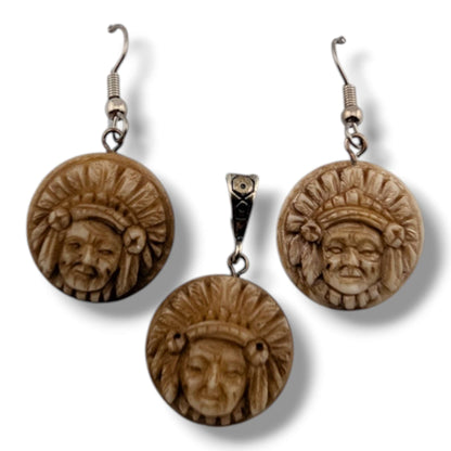 Hand-Carved Wildlife and Chief Round Medallion Earring and Pendant Set