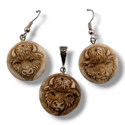 Hand-Carved Wildlife and Chief Round Medallion Earring and Pendant Set