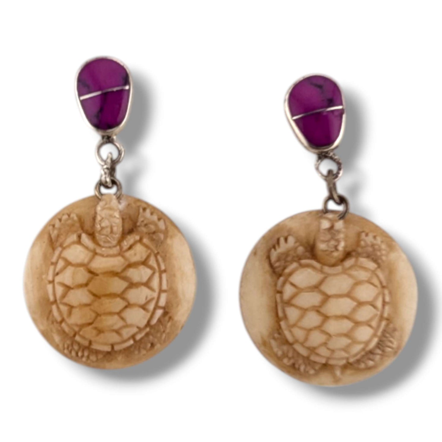 Hand-Carved Turtle Round Disc Dangle Earrings with Sugilite Sterling Silver Stud