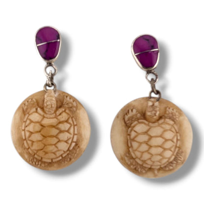 Hand-Carved Turtle Round Disc Dangle Earrings with Sugilite Sterling Silver Stud