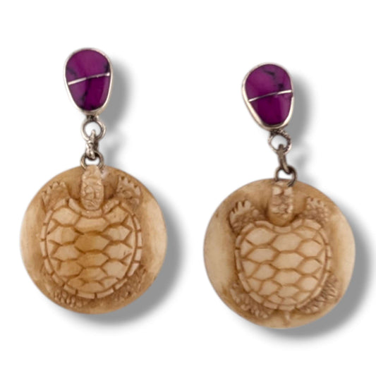 Hand-Carved Turtle Round Disc Dangle Earrings with Sugilite Sterling Silver Stud
