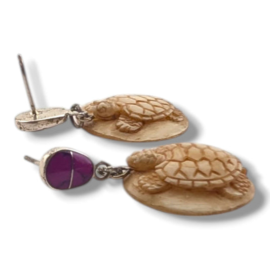 Hand-Carved Turtle Round Disc Dangle Earrings with Sugilite Sterling Silver Stud