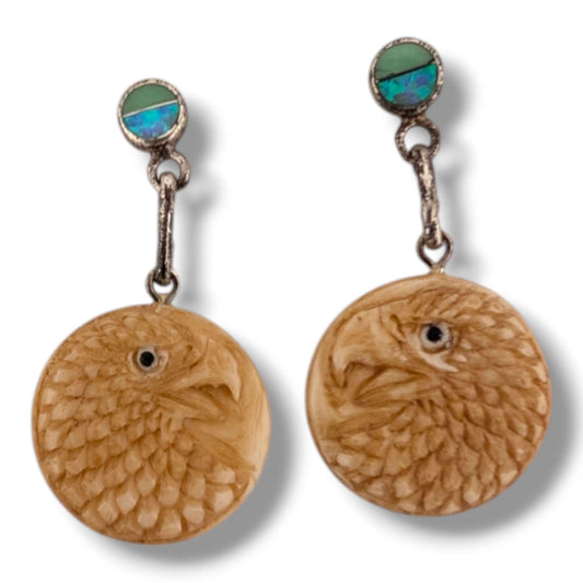 Hand-Carved Eagle Head Round Disc Dangle Earrings with Opal and Sugilite Sterling Silver Stud