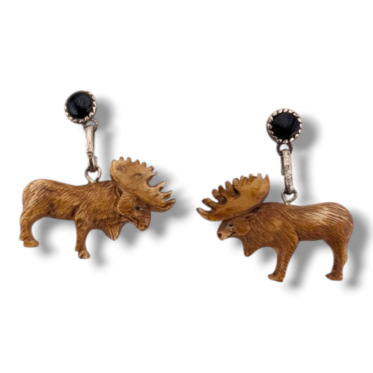 Hand-Carved 3D Moose Dangle Earrings with Black Onyx Sterling Silver Stud