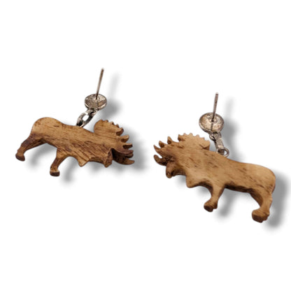 Hand-Carved 3D Moose Dangle Earrings with Black Onyx Sterling Silver Stud