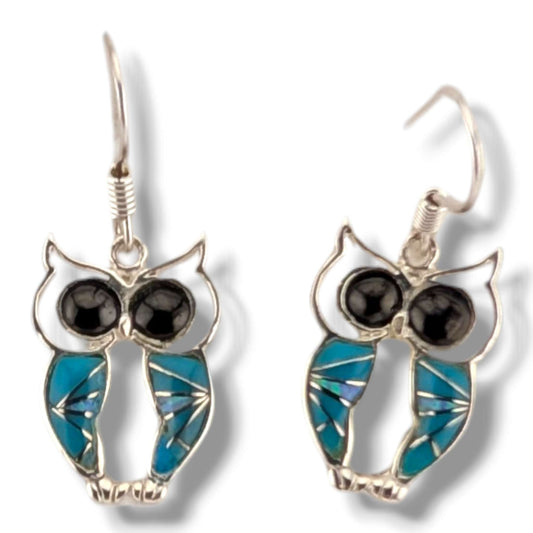 Sterling Silver Inlay Owl Dangle Earrings by OP