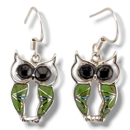 Sterling Silver Inlay Owl Dangle Earrings by OP