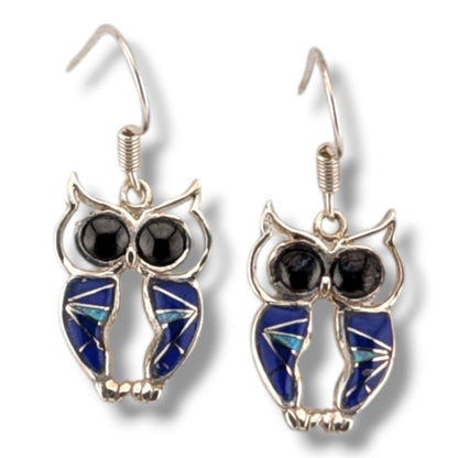 Sterling Silver Inlay Owl Dangle Earrings by OP