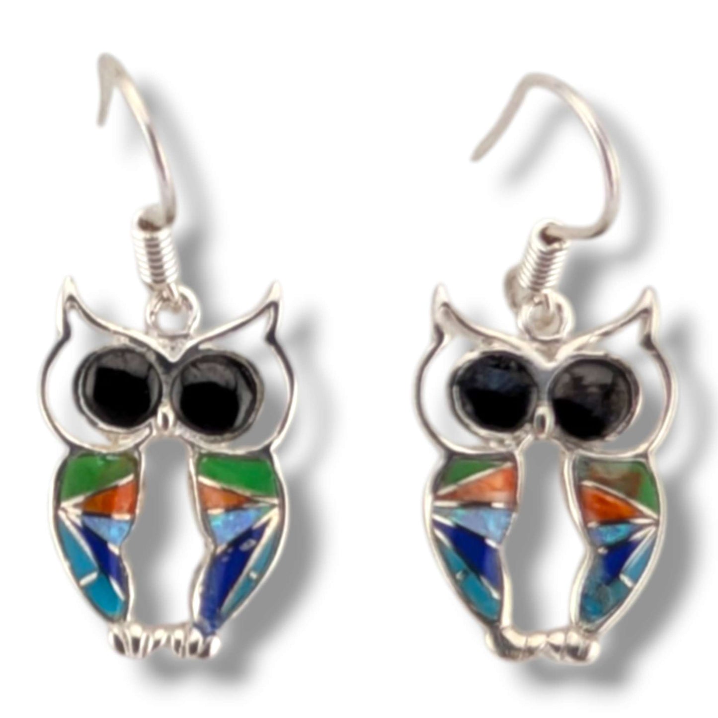 Sterling Silver Inlay Owl Dangle Earrings by OP