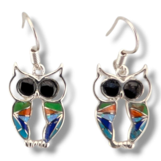 Sterling Silver Inlay Owl Dangle Earrings by OP