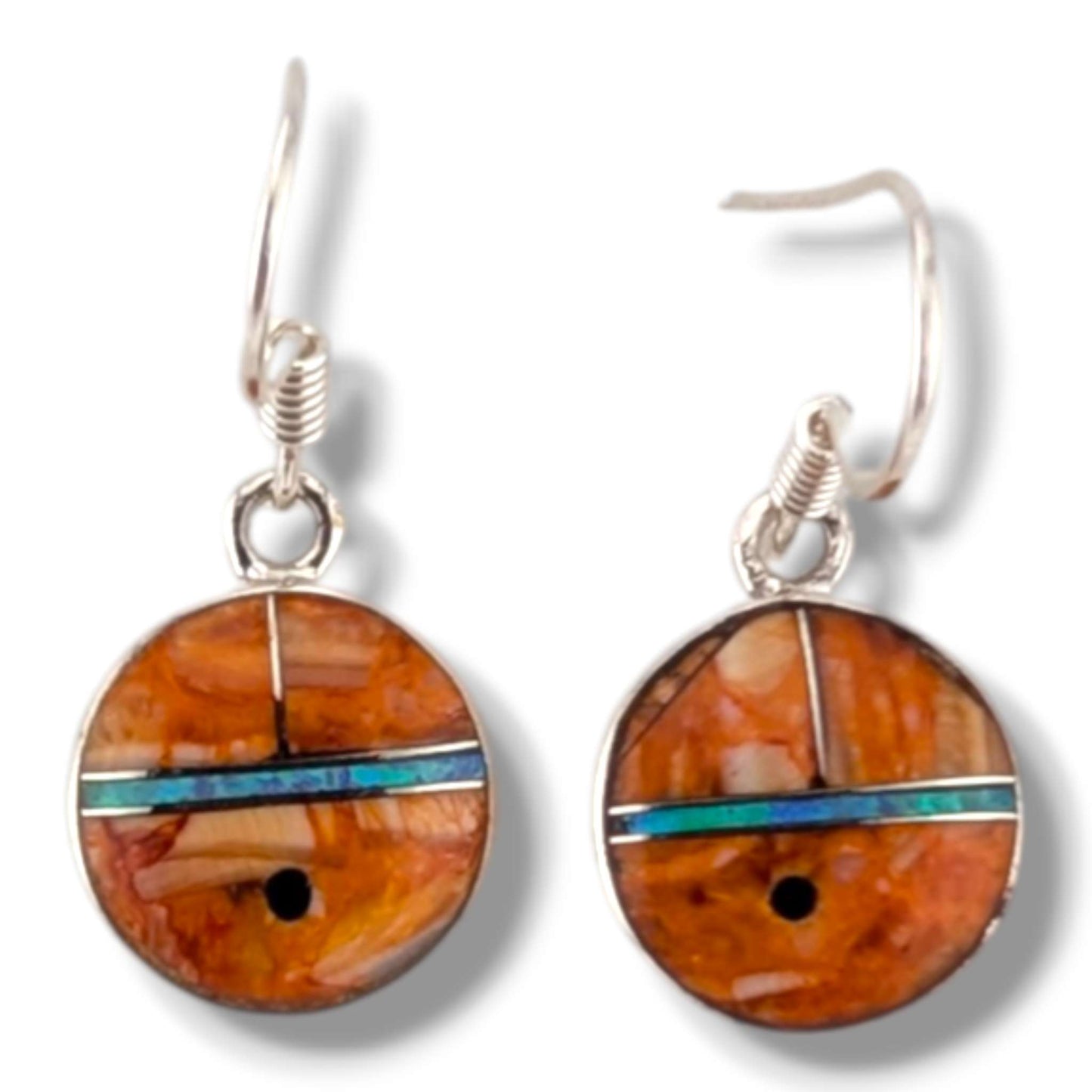 Sterling Silver Inlay Sunface Round Dangle Earrings by OP