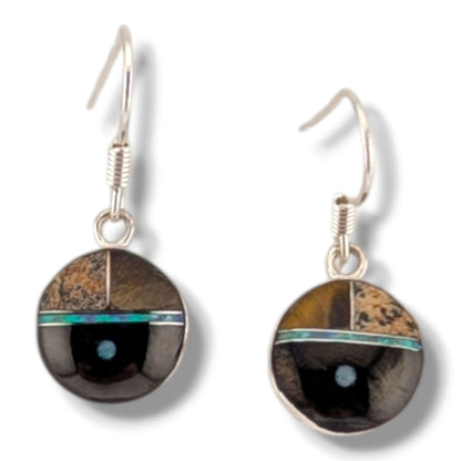 Sterling Silver Inlay Sunface Round Dangle Earrings by OP