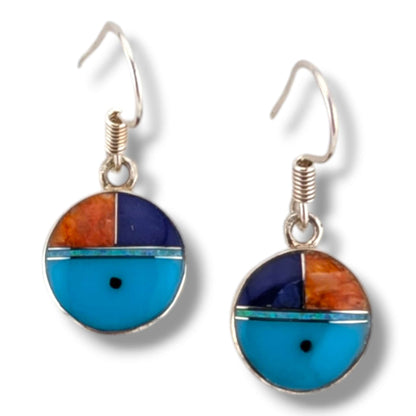 Sterling Silver Inlay Sunface Round Dangle Earrings by OP