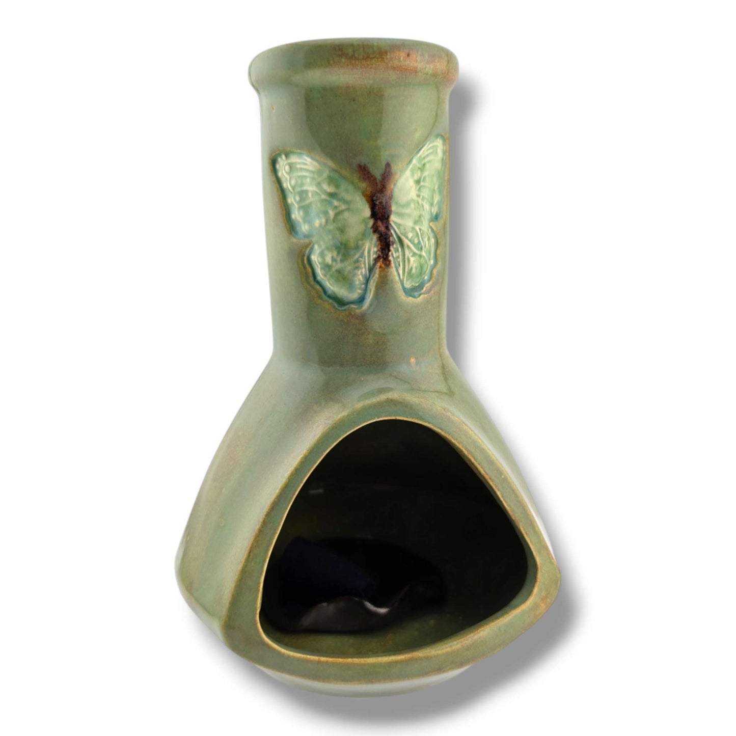 Glazed Pottery Incense Holder with Sculpted Butterfly and Tray by Luna