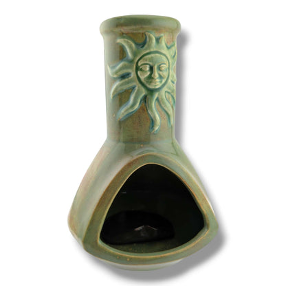 Glazed Pottery Incense Holder with Sunface Relief and Tray by Luna