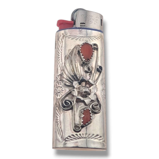 Navajo Sterling Silver Mini Bic Lighter Case with Red Coral
