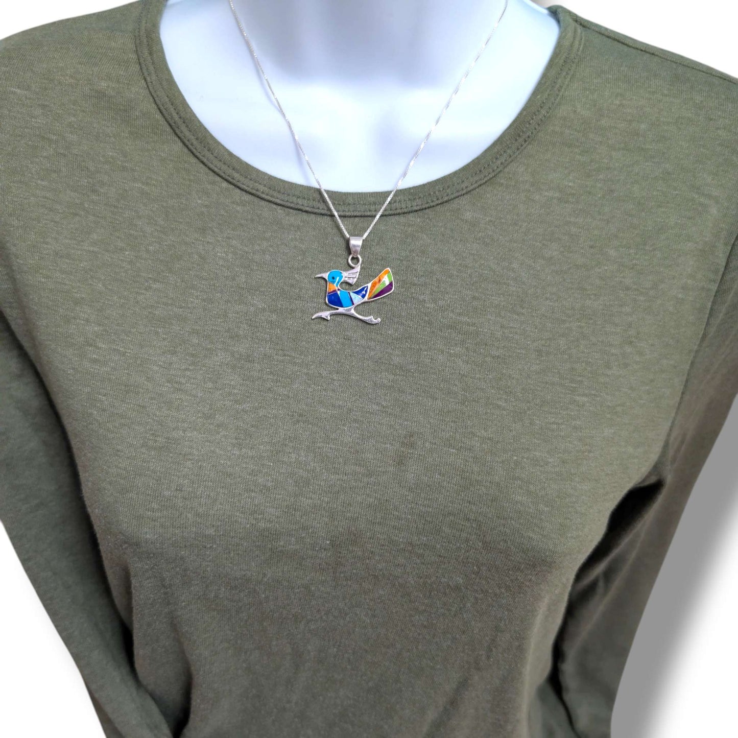 Sterling Silver Multi-Stone Inlay Roadrunner Pendant