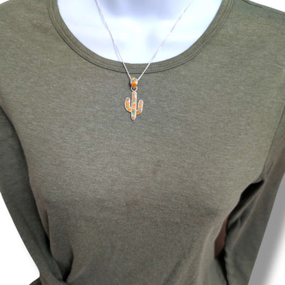 Sterling Silver Inlay Opal Saguaro Cactus Pendant