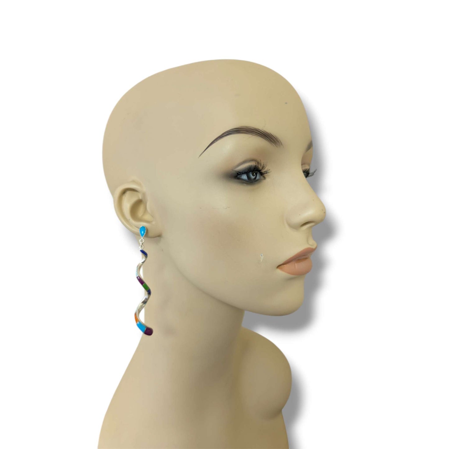 Sterling Silver Long Spiral Twist Inlay Dangle Post Earrings by OP