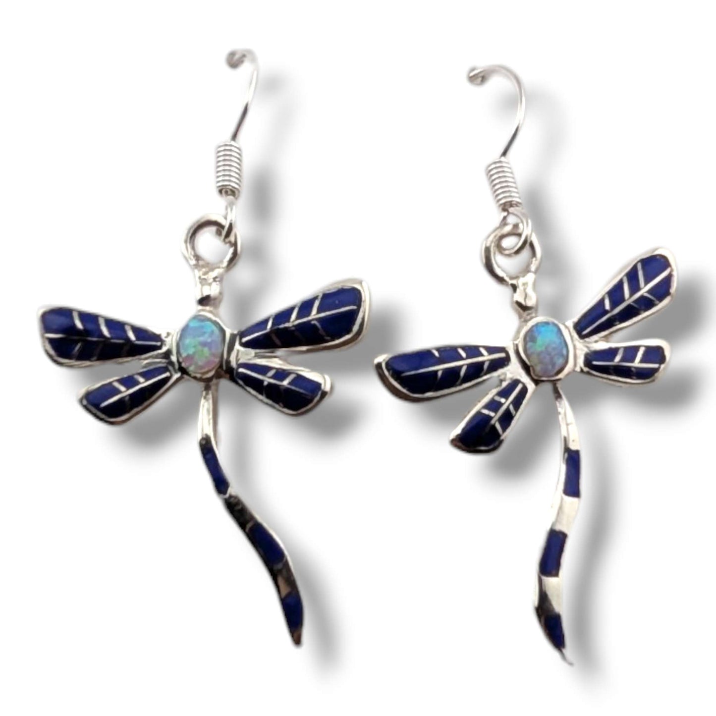 Sterling Silver Dragonfly Inlay Stone With Opal Hook Earrings