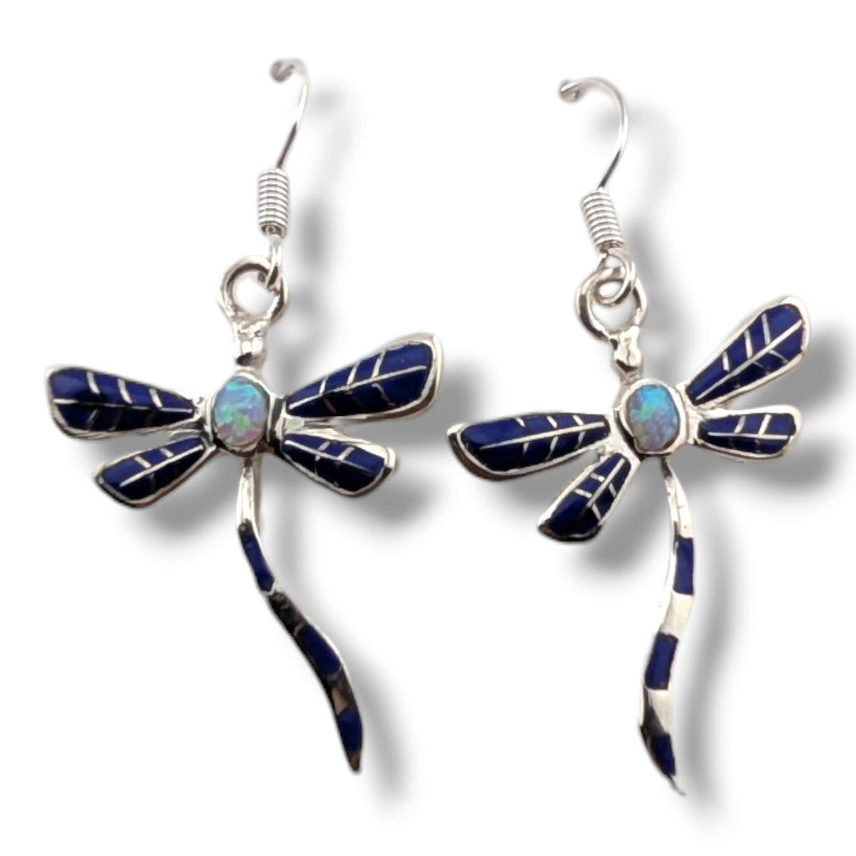 Sterling Silver Dragonfly Inlay Stone With Opal Hook Earrings - SunWest Treasures