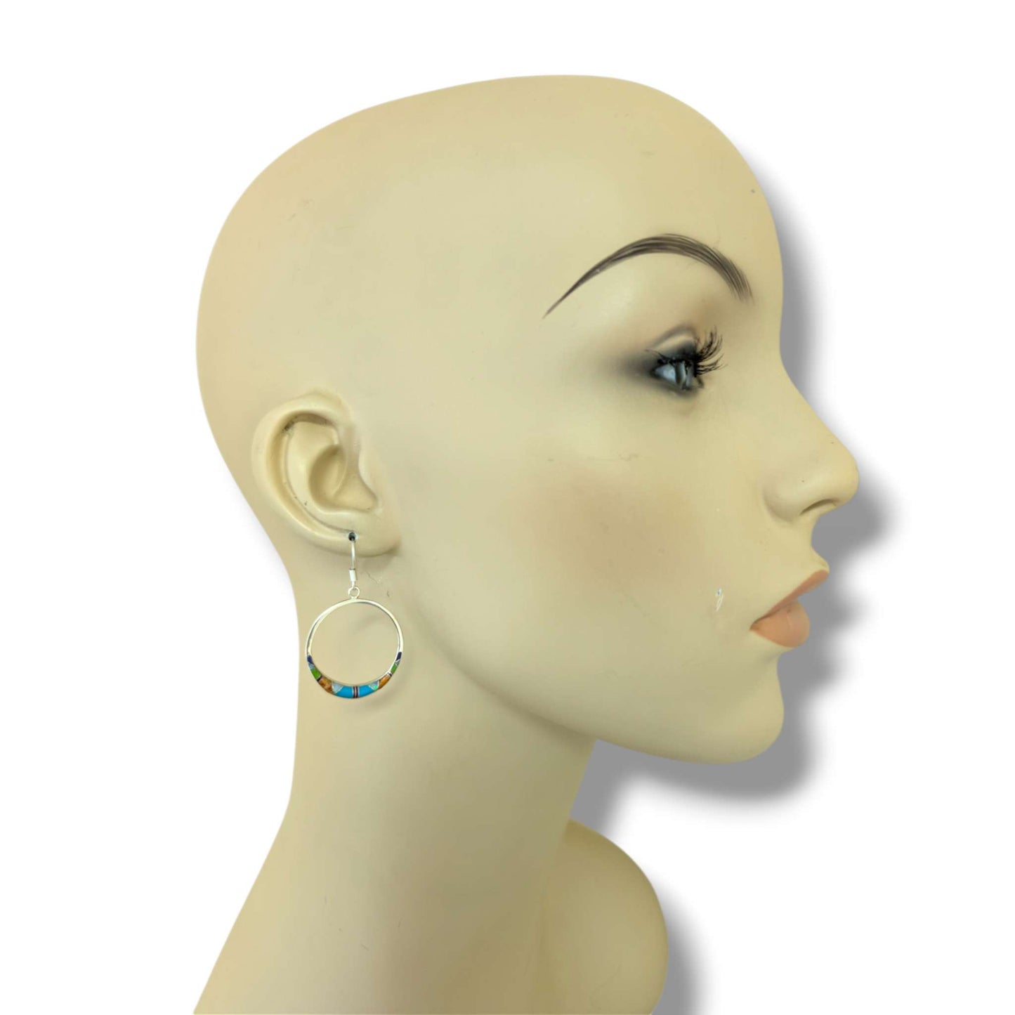 Sterling Silver Inlay Round Hollow Circle Hook Earrings