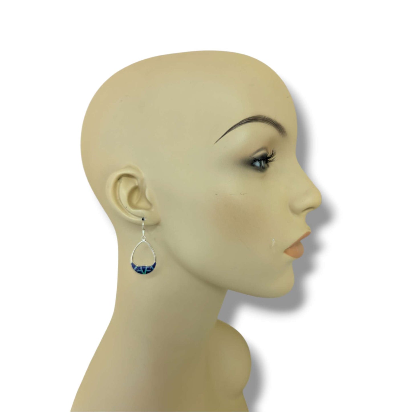 Sterling Silver Inlay Oval Teardrop Hollow Hook Earrings