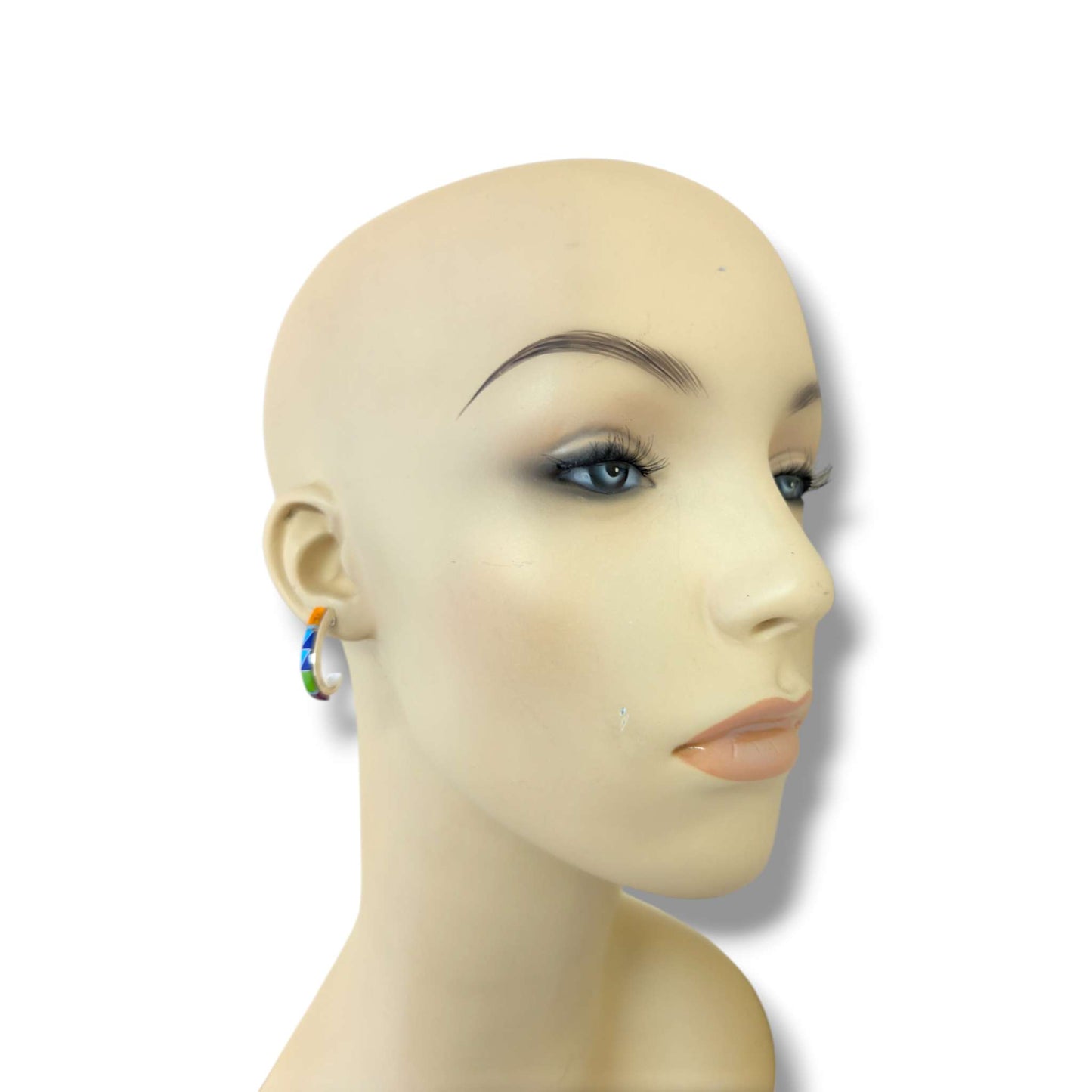 Sterling Silver Inlay Fish Hook Hoop Post Earrings