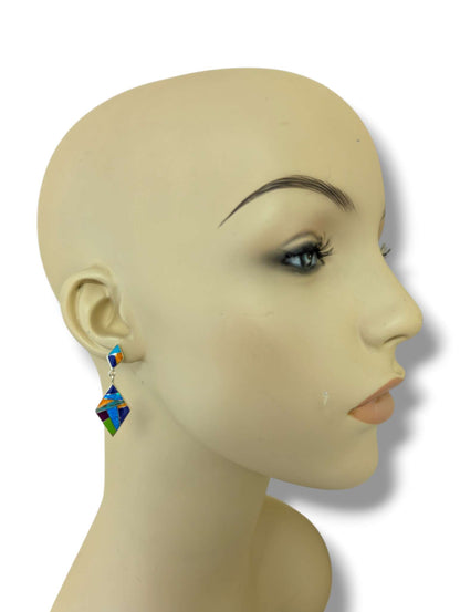 Sterling Silver Inlay Diamond Shape Post Dangle Earrings