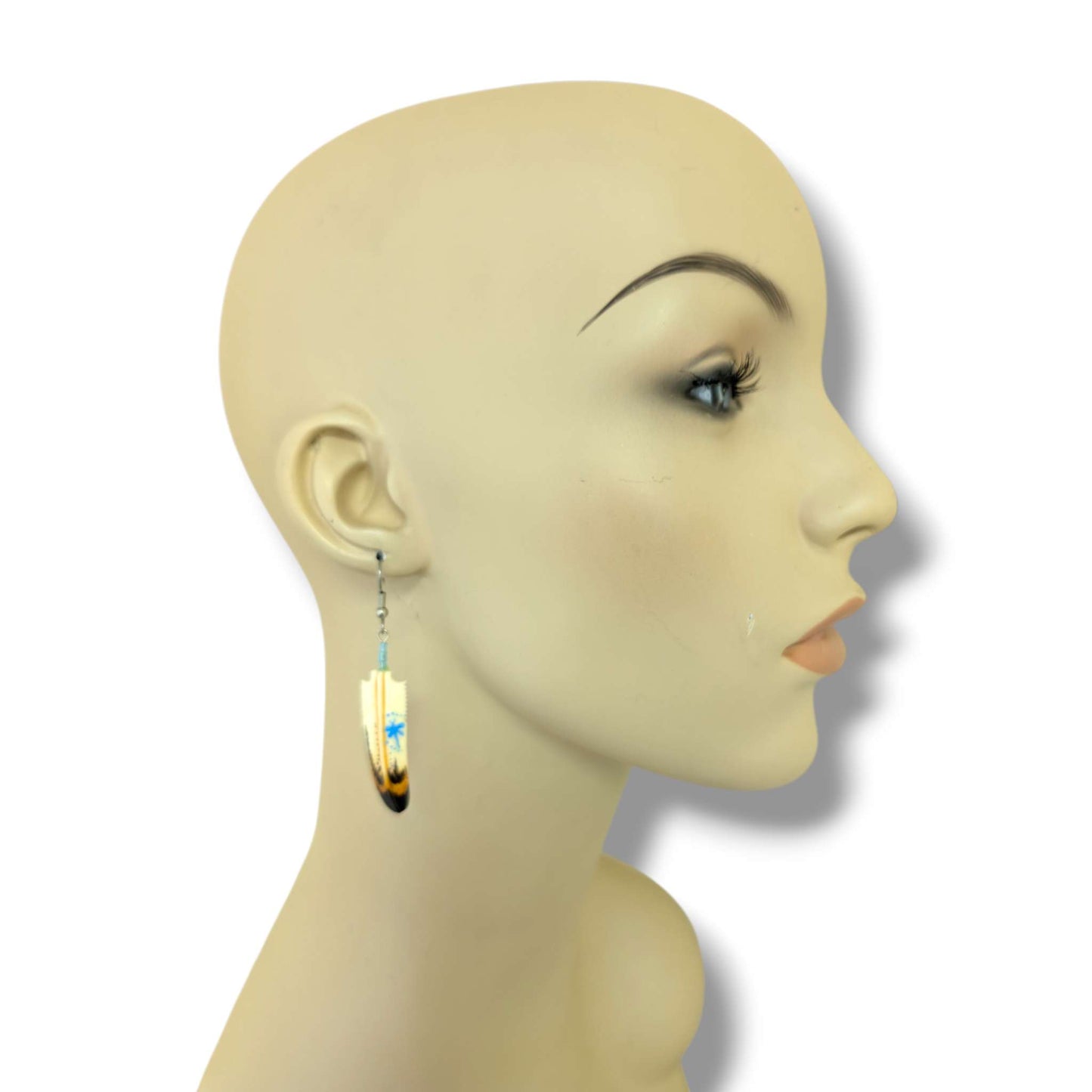 Hand-Carved Feather Dangle Earrings with Dragonfly Design