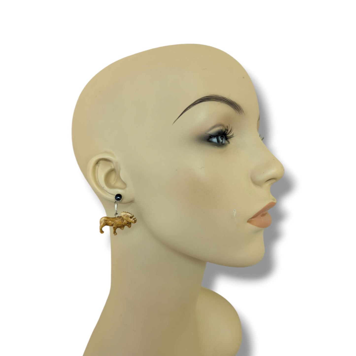 Hand-Carved 3D Moose Dangle Earrings with Black Onyx Sterling Silver Stud
