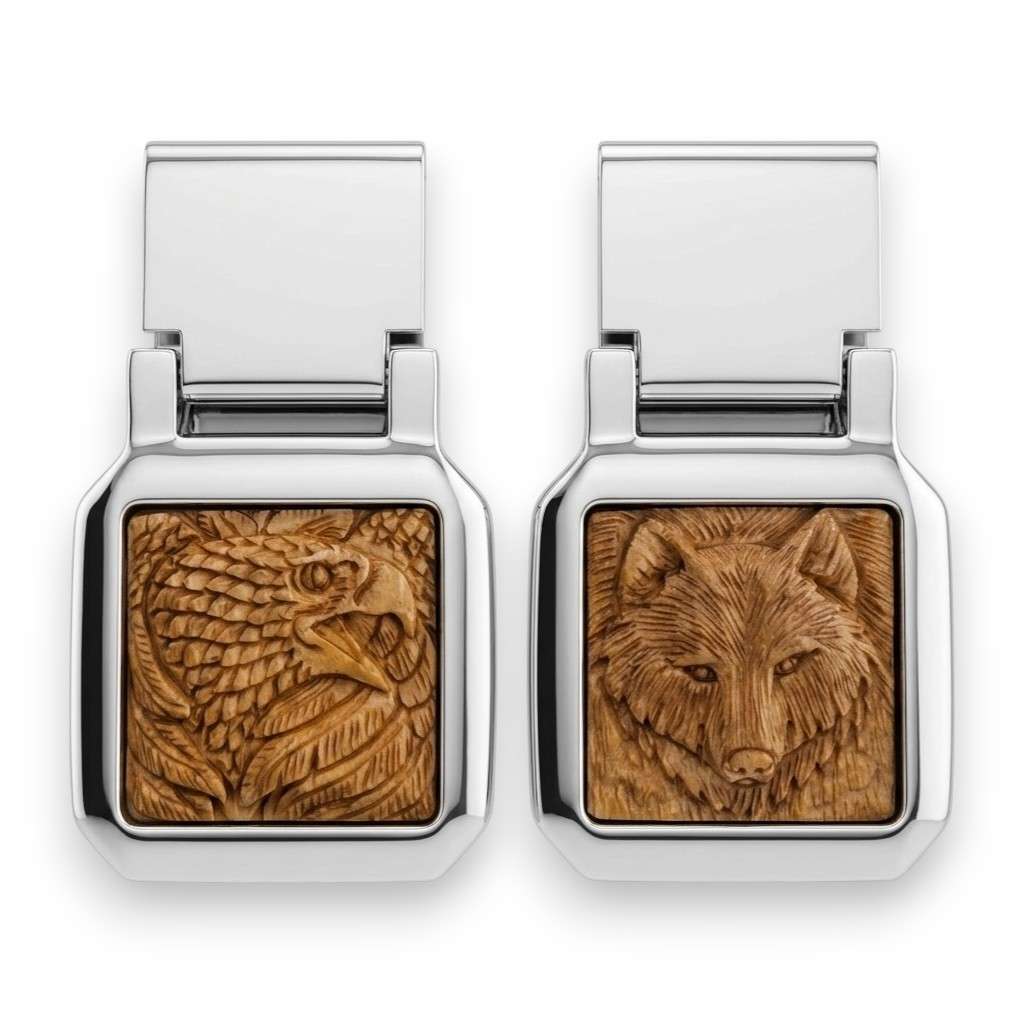 Stainless Steel Hand-Carved Wildlife Money Clip Eagle or Wolf